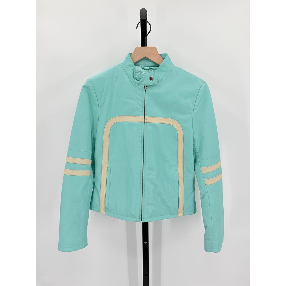 Wilsons Leather Maxima Womens S Turquoise Moto Jacket Genuine Leather Cream Trim